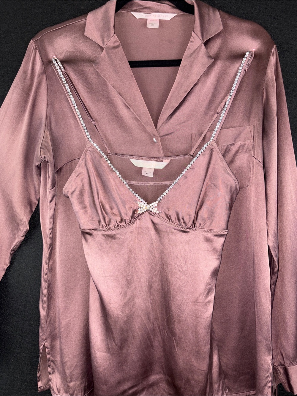 Victoria's Secret Vintage 2006 3-pc Silk Pajama Set Mauve Tone Rhinestone Accent